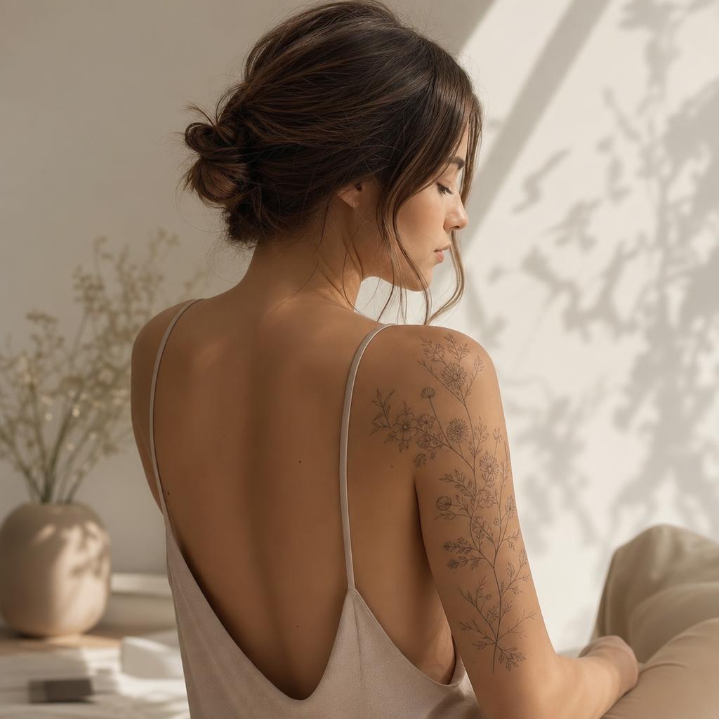 Junge Frau mit feinlinigem Blumen-Tattoo auf der Schulter — fotorealistische AI-Vorschau